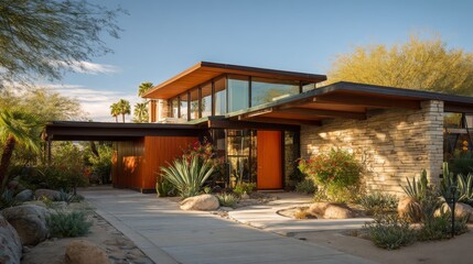 Fototapeta premium A modern two-story home with desert landscaping, featuring an orange door and large windows, under a blue sky
