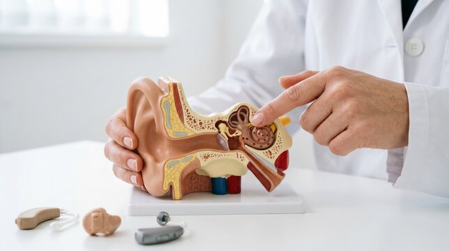 Healthcare professional explains human ear anatomy using a detailed model and demonstrates hearing aids.