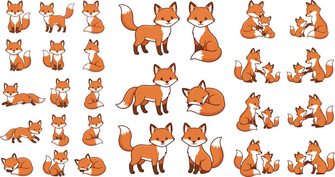 Cute cartoon foxes in playful poses collection Vector