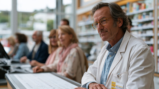Mature male pharmacist stands at prescription counter explaining smoking cessation nicotine patch application to middle aged woman customer, printed cessation timeline visible on counter, other cust