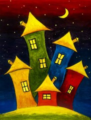 Fototapeta premium Original acrylic painting of colorful crooked leaning houses on a hill under crescent moon and starry night sky. Playful whimsical illustration style with bold primary colors.