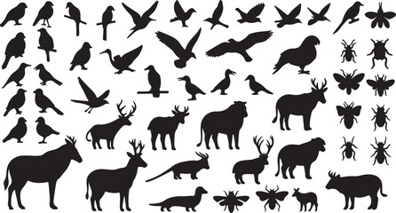 Black animal silhouettes collection, wild bird and mammal vector set, nature wildlife icons and insect shapes, 48 isolated graphic elements © MuhammadMajid