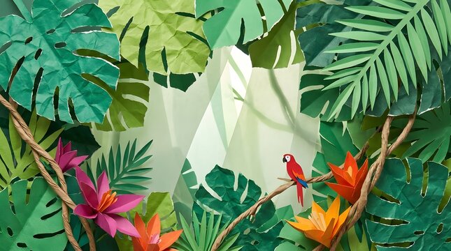 Layered Papercraft Collage Illustration of a Tropical Jungle Frame with Green Leaves Vines Exotic Flowers and a Red Parrot
