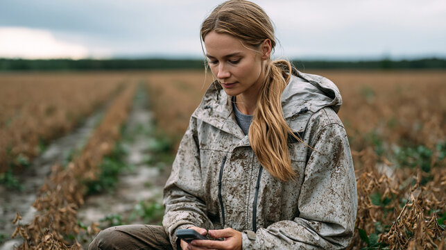 Harvest optimization agronomist kneeling in rain-soaked soybean field examining pod fill stage, muddy waterproof jacket, portable Brix refractometer in hand, overcast sky pressing low, tractor tire 
