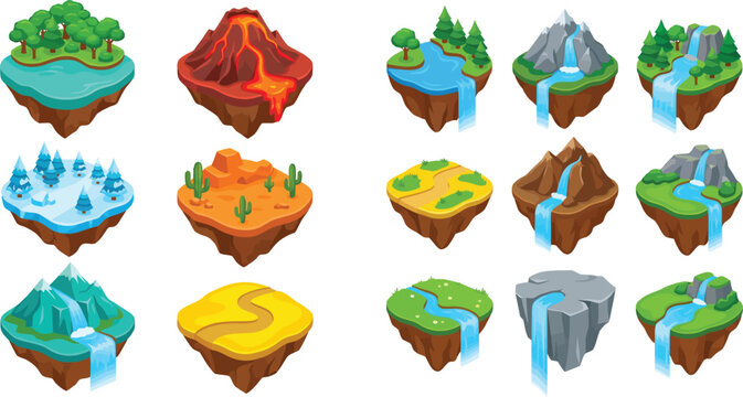Colorful pixel art isometric floating land chunks Vector