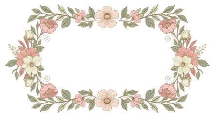 Fototapeta premium Elegant Floral Oval Frame with Soft Pastel Flowers and Green Leaves.