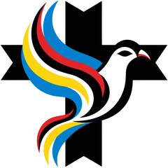 Fototapeta premium Dove on peace and cross isolated religion symbol. Vector holy spirit bird and crucifix 