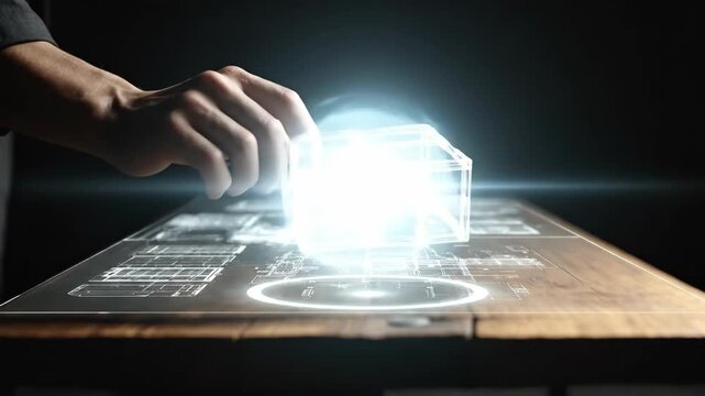 Architect interacting with 3d holographic building model on interactive table. Professional designer manipulating digital construction plans for smart interior.
