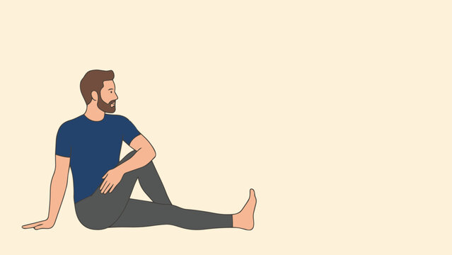 Flat vector illustration of a man performing seated spinal twist yoga pose exercise on beige background, healthy lifestyle stretching workout concept with modern minimal design.