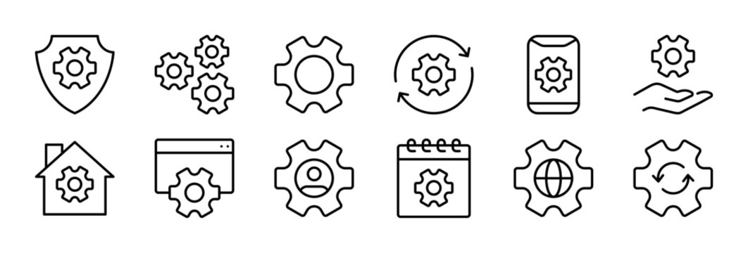 General Settings thin line icon set. Configuration, Setup, Customization, System Control, User Interface concept. Black outline vector gear icons collection.