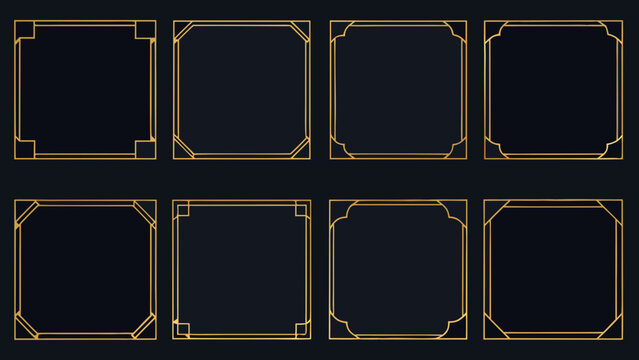 ten art deco rectangular frames arranged in two rows on a black background