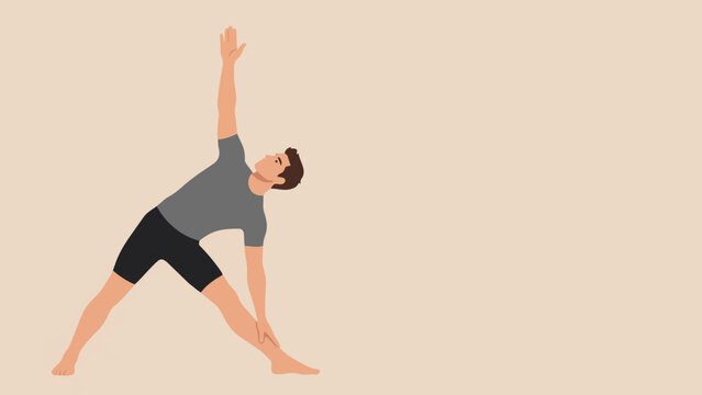 Flat vector illustration of a young man performing triangle yoga pose for flexibility and balance training, healthy lifestyle fitness exercise concept on beige background.