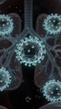 Digital illustration of coronavirus particles in human lungs representing respiratory infection and viral spread.