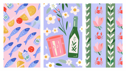 vector illustration of sardines canned seafood flowers and crab repeating pattern on a light purple background © Sarathi