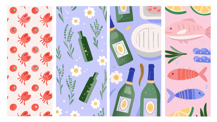 seamless pattern with crabs tomatoes flowers bottles and fish colorful vector illustration on pastel backgrounds © Sarathi