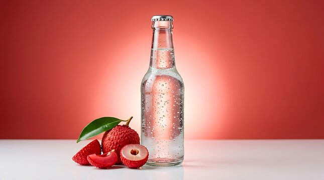 Botol kaca minuman berkarbonasi jernih berdiri tegak di samping buah leci segar melambangkan kesegaran premium dan kenikmatan minuman tropis