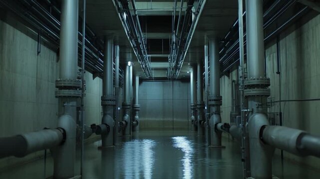Industrial water treatment corridor with large pipes, concrete walls and flooded floors reflecting metal machinery, evoking hidden infrastructure, sewage systems and industrial mystery