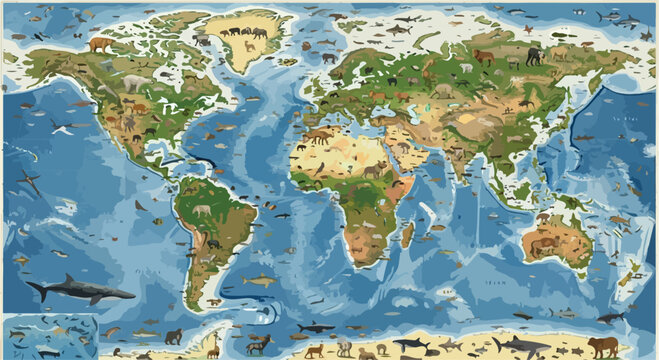 Illustrated world map with wild animals, educational global map for kids, detailed earth atlas with fauna and marine life, vector eps format