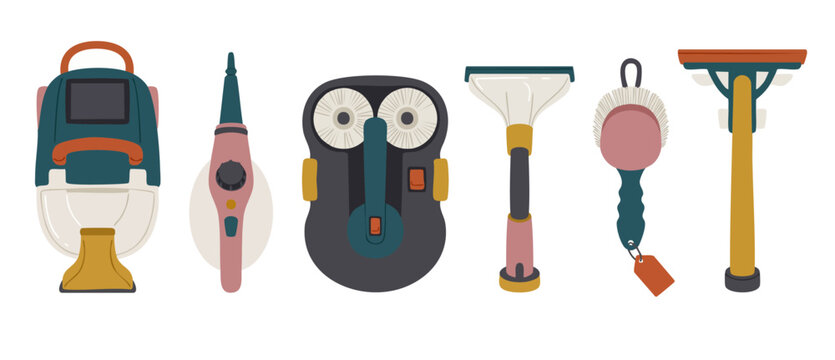Cleaning Tools Set Flat Icons for Housekeeping Services and Home Maintenance. Modern professional equipment collection for window cleaning, scrubbing, and floor care, vector style isolated on white.