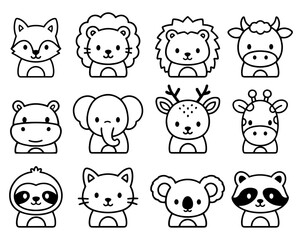 Naklejka premium Cute Animal Faces Line Art Icons Set Kawaii Cartoon Head Collection