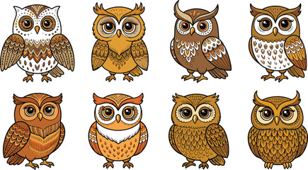Fototapeta premium Eight cute cartoon owls illustration set Vector
