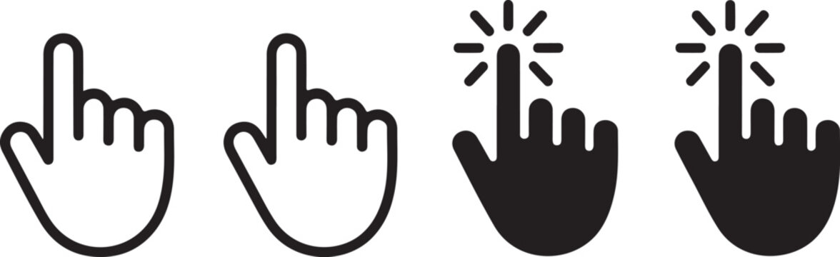 Collection of hand click icons representing mouse cursor action and touch interaction for digital websites