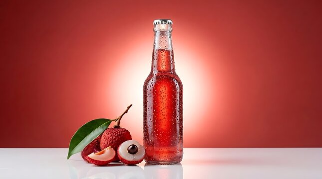 Botol kaca minuman leci merah menampilkan butiran embun dingin bersama buah utuh melambangkan dahaga musim panas terpuaskan dengan rasa intens