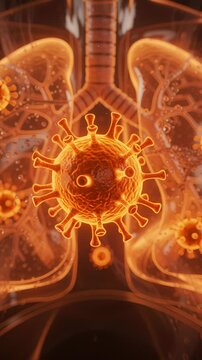 Detailed 3D illustration of coronavirus particles infecting human lungs.