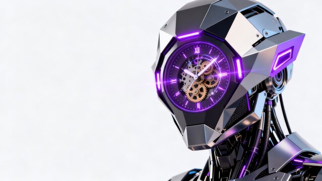 Futuristic robot head with clock face
