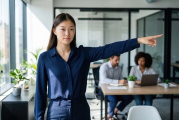 Fototapeta premium Businesswoman pointing for future vision and leadership in a modern office environment