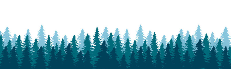 Pine forest silhouette banner in blue tones, misty coniferous tree line isolated on white background, nature landscape vector © โยธิน ทุมจีน