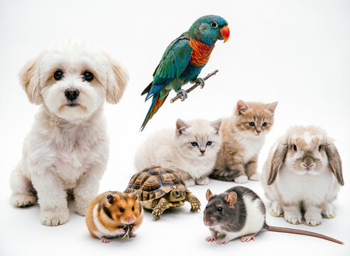 group of pets. a group of different pets on a white background