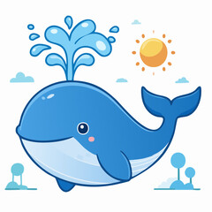 Naklejka premium Cute cartoon blue whale spouting water under the sun