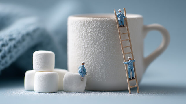 Tiny people climb the stairs to a large cup of marshmallows, and the workers sit on the marshmallows.