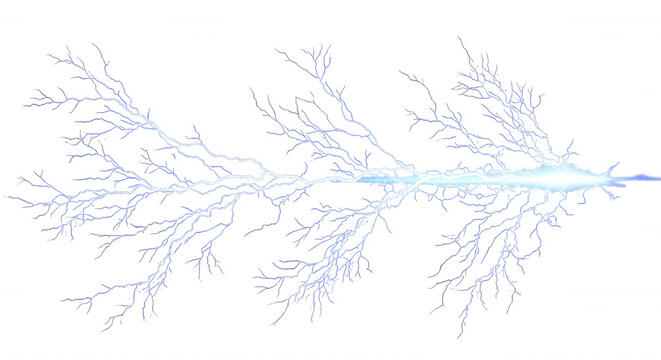 Horizontal bolt of glowing blue lightning with intricate branching fractal patterns isolated on a solid black background
