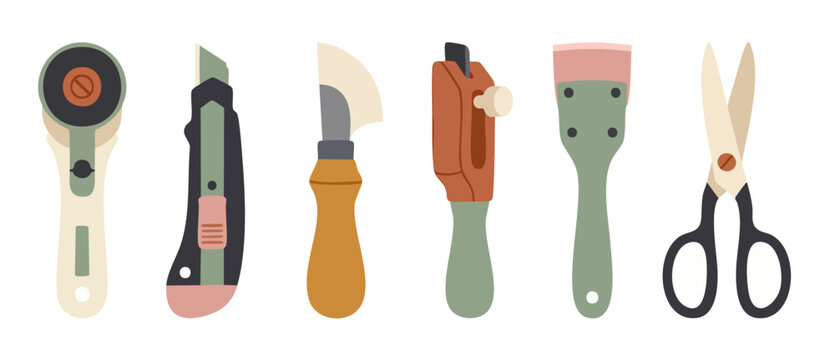 Crafting cutting tools set including rotary cutter, utility knife, leather skiving knife, scraper and scissors for sewing, leatherworking, DIY projects and paper arts in a flat vector graphic style.