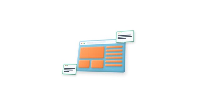 Flat lay of a browser window with orange and blue design elements on a white background.