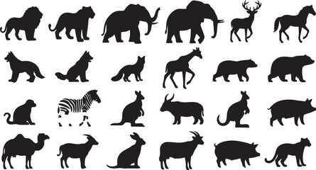 Wild animal silhouettes collection, 24 black vector icons of safari and forest fauna, zoo animal shapes set for nature logos and educational design © MuhammadMajid