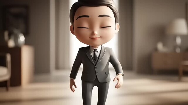 A smiling cartoon man in a gray suit walks alone in an office.