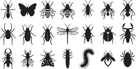 Black insect icons set, 21 bug silhouette vector elements, minimalist pest control and entomology symbols, flat nature wildlife graphics for education © MuhammadMajid