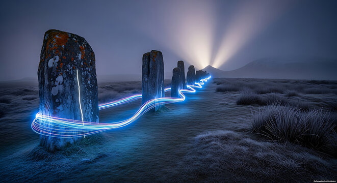 Secure Data Path and HIPAA Compliance Concept with Glowing Blue Light Trails Flowing through Ancient Standing Stones in a Misty Night Landscape