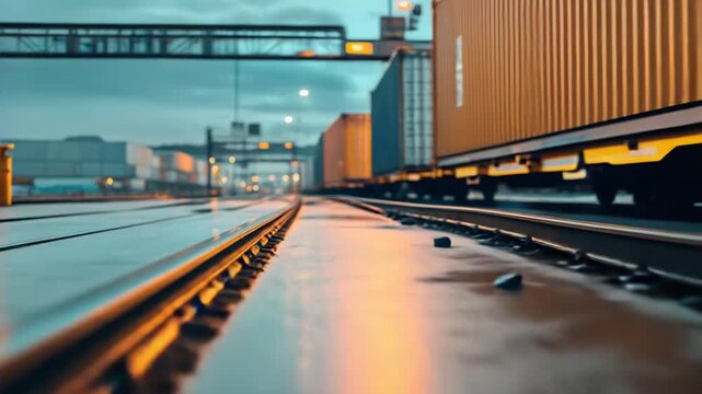 Intermodal containers loaded on railcars, traveling along tracks at a logistics terminal, highlighting the global supply chain and industrial distribution
