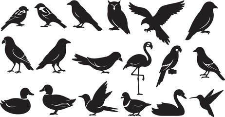 Obraz premium Black bird silhouettes collection, set of 18 avian vector icons, wild bird species shapes including owl flamingo and eagle for nature design
