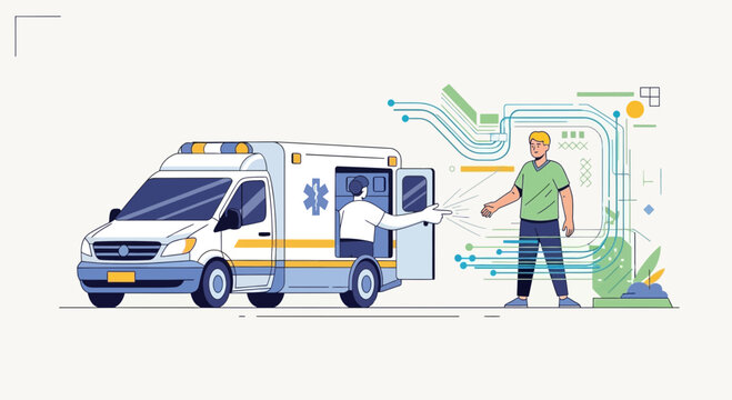 Ambulance with paramedic assisting patient, futuristic medical technology concept