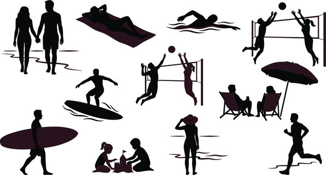 Large set of people silhouettes at beach including swimming surfing volleyball running and sunbathing for summer vacation design