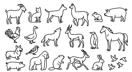 Obraz premium Wild and farm animal outline icons set modern linear animal vector illustration
