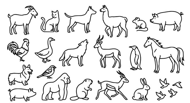 Wild and farm animal outline icons set modern linear animal vector illustration