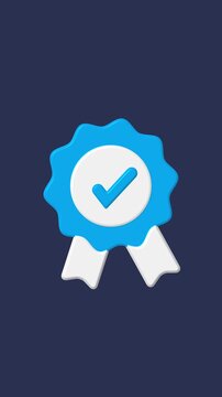 Blue ribbon award with check mark and ribbons 3D. Blue ribbon award success medal. Blue ribbon award quality certification recognition.