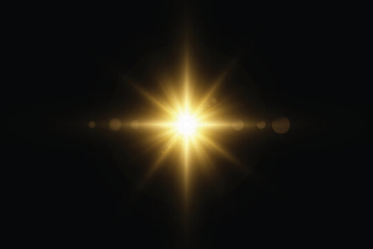Golden starburst light flare with warm orange glow, horizontal rays and optical shimmer on black background. Vector solar glare effect for overlays