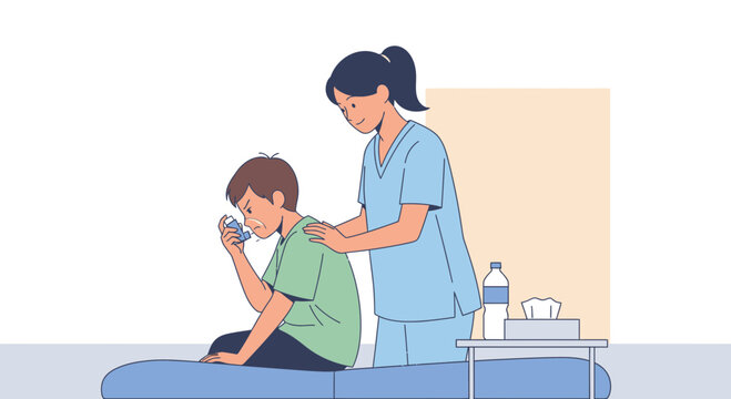 Nurse helping child with inhaler, respiratory illness, medical care